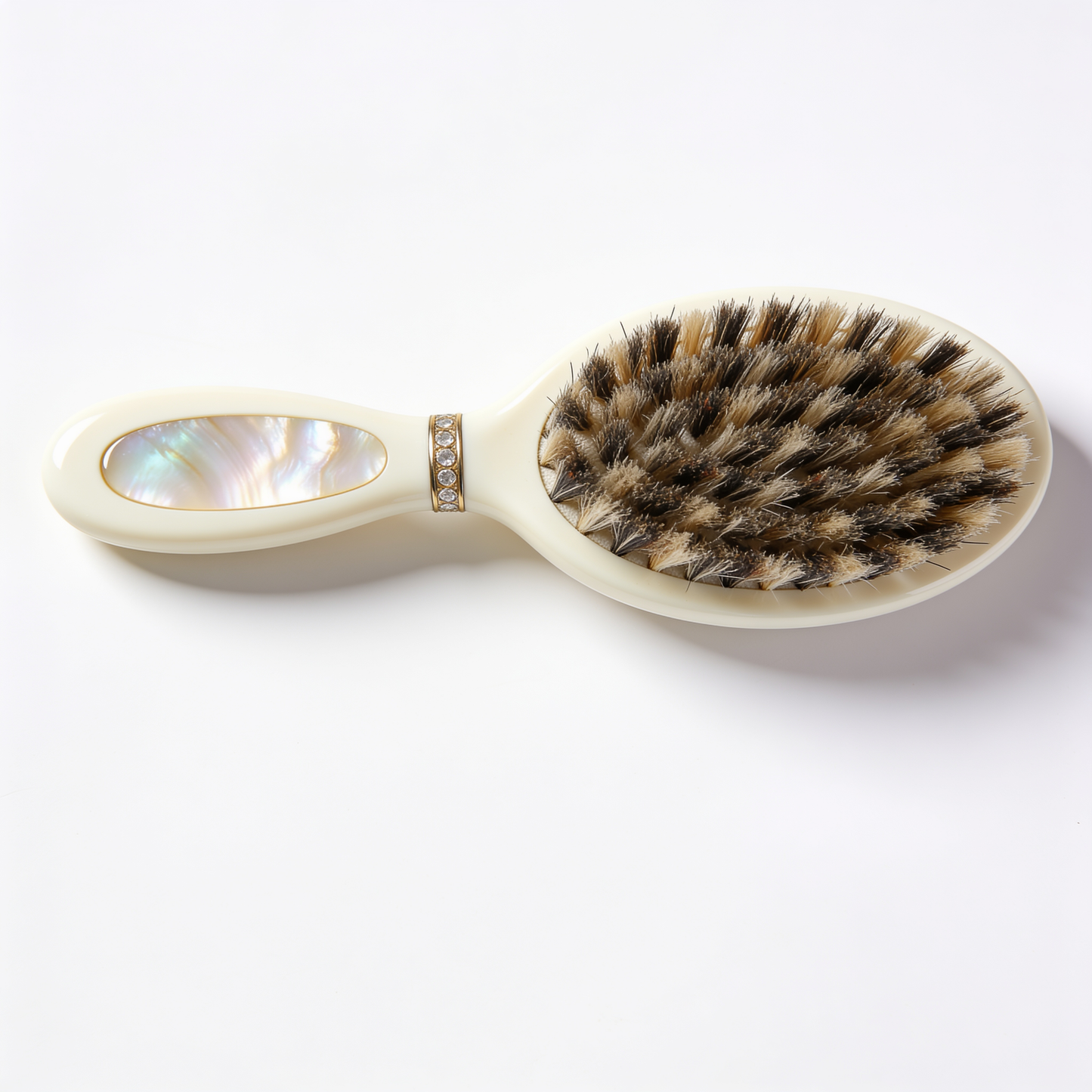 Oval Paddle Hair Brush in Ivory with Natural Bristles and Shell Inlay