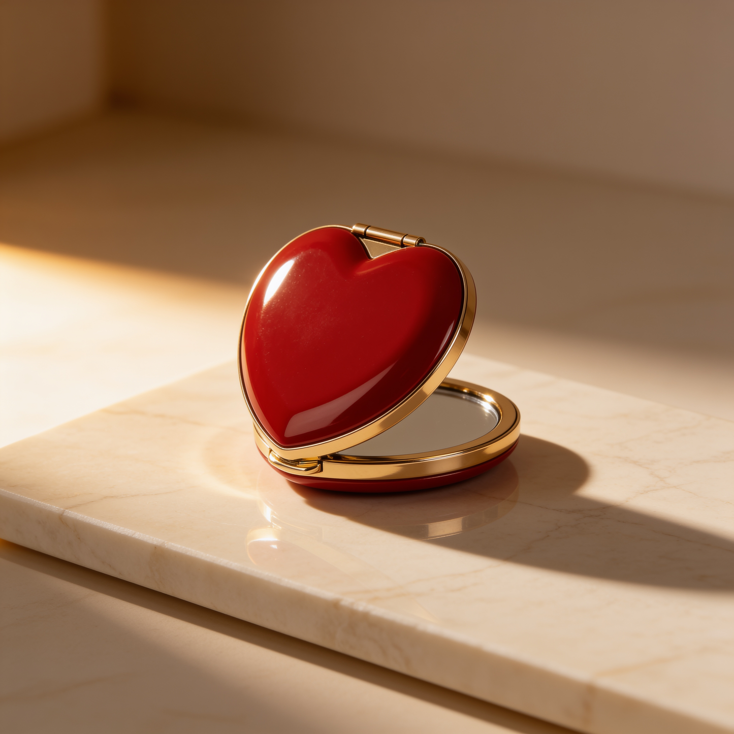Heart-Shaped Compact Mirror in Red with Gold Trim