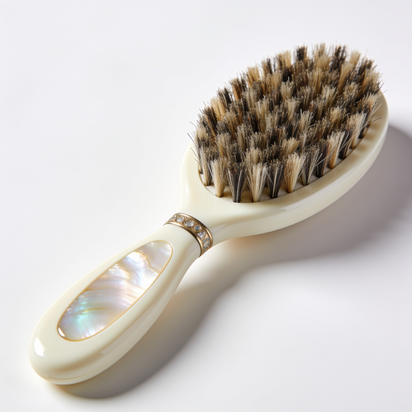 Oval Paddle Hair Brush in Ivory with Natural Bristles and Shell Inlay