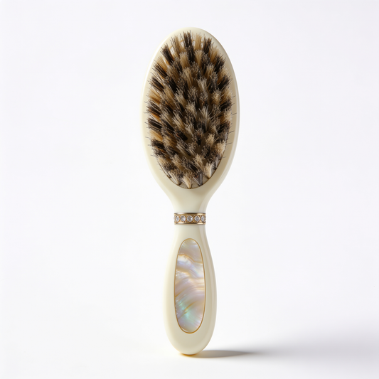 Oval Paddle Hair Brush in Ivory with Natural Bristles and Shell Inlay