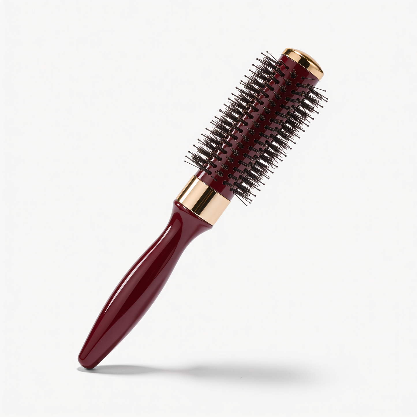 Round Barrel Brush in Dark Red with Gold Accents and Black Bristles