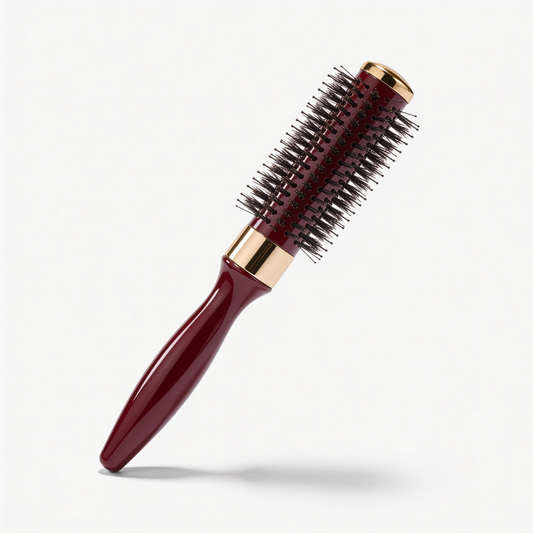 Round Barrel Brush in Dark Red with Gold Accents and Black Bristles