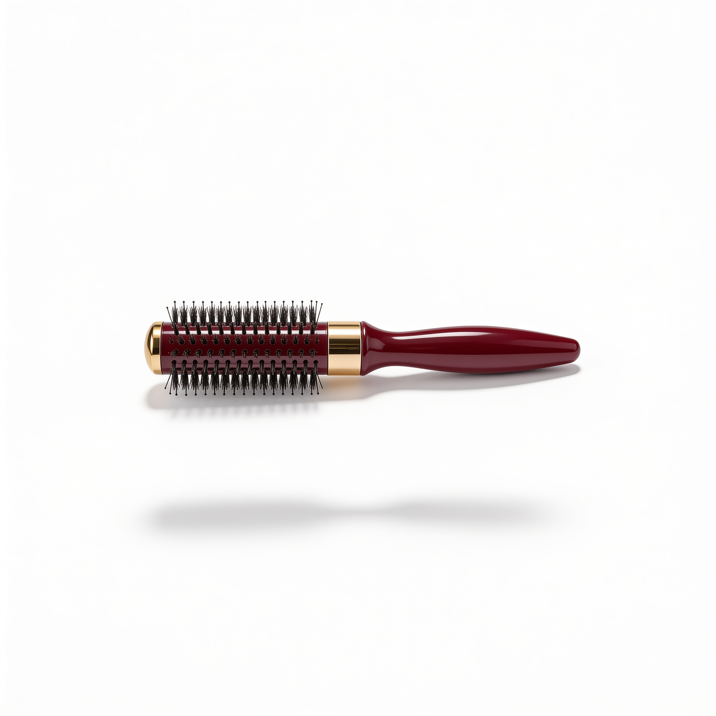 Round Barrel Brush in Dark Red with Gold Accents and Black Bristles