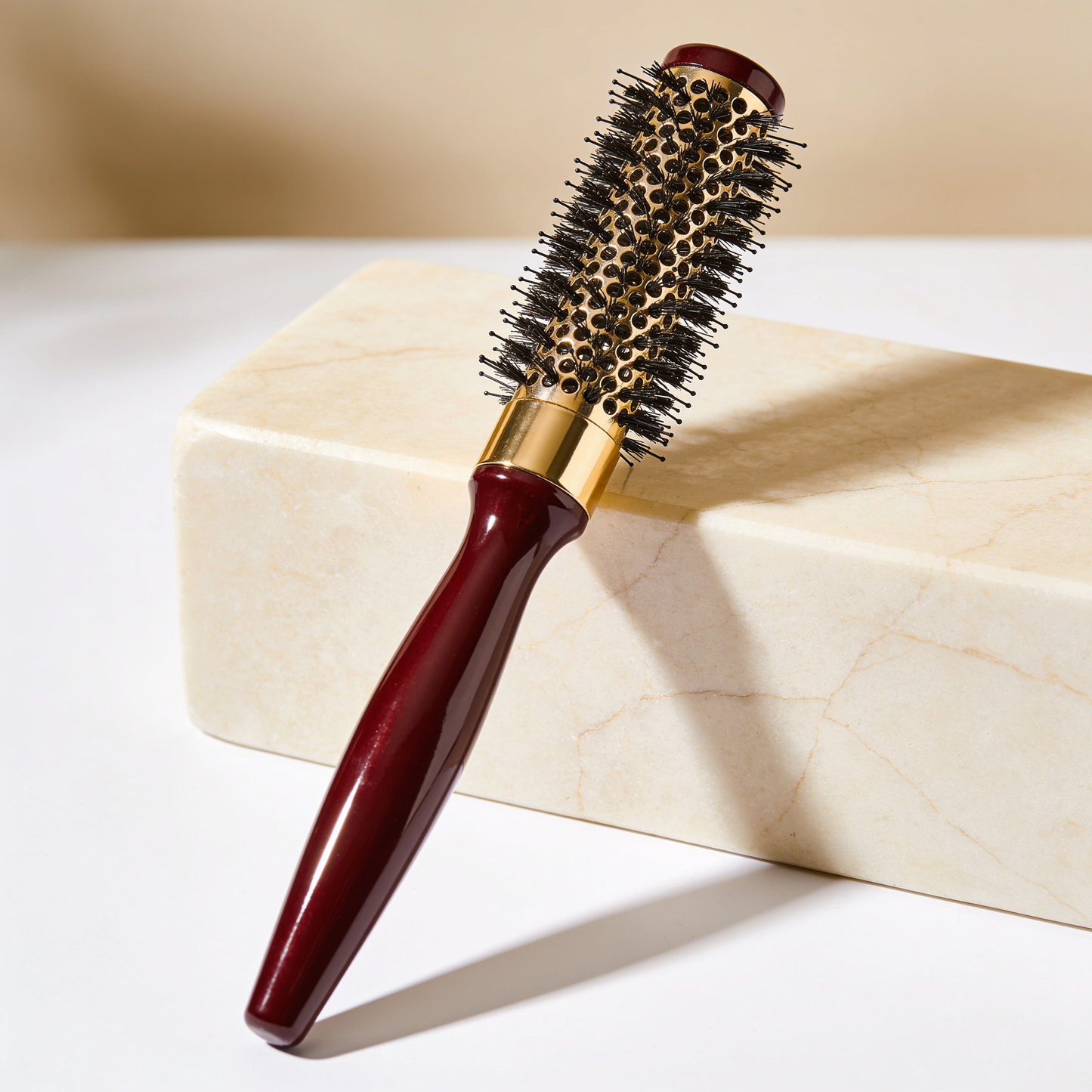 Round Barrel Brush in Dark Red with Gold Accents and Black Bristles