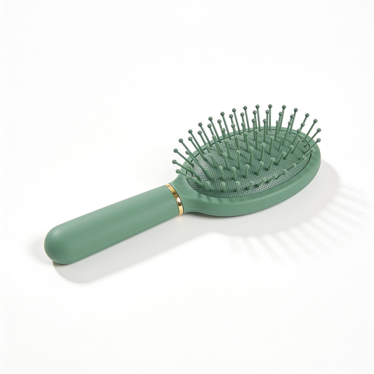 Oval Paddle Brush in Green with Gold Ring and Ball-Tipped Bristles