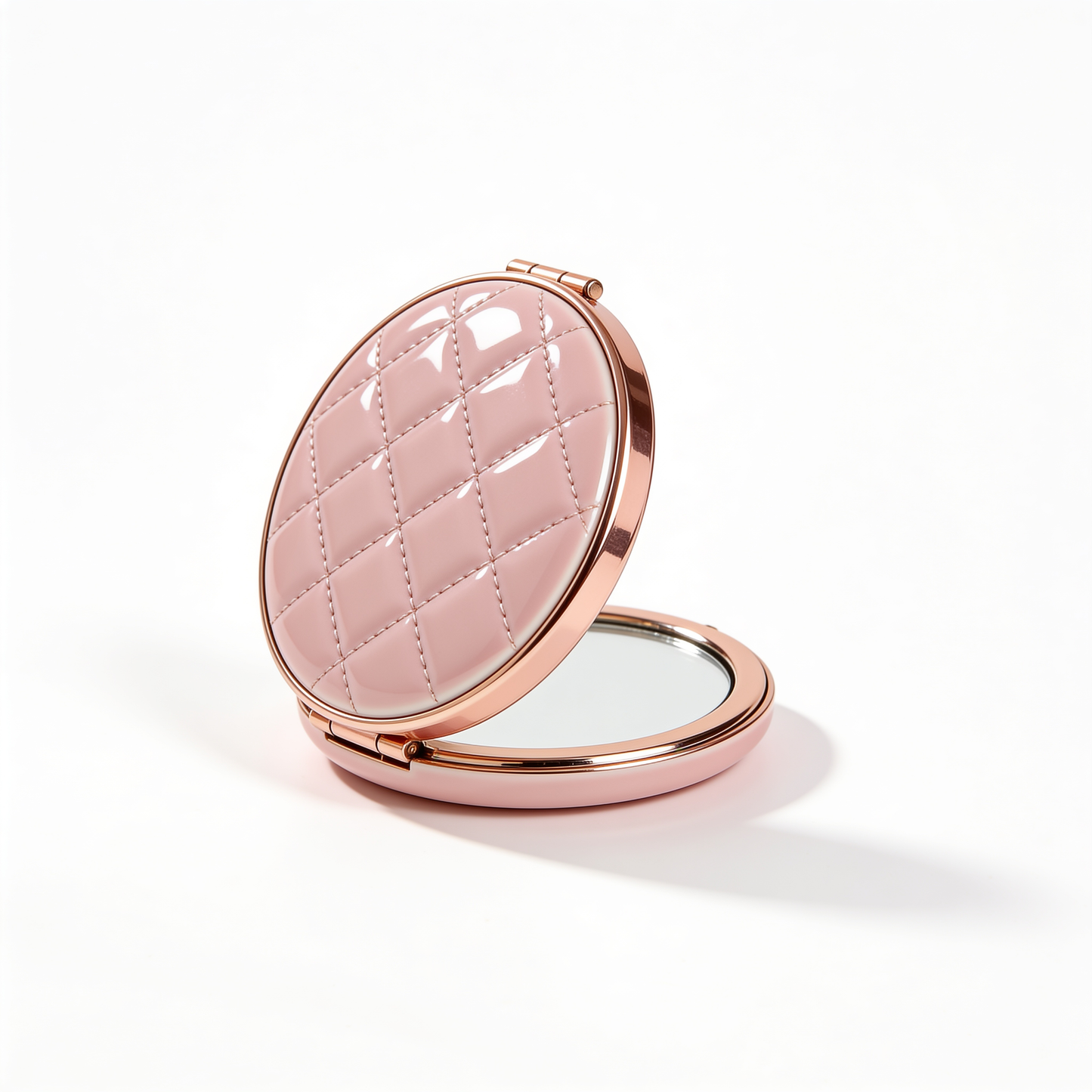 Round Compact Mirror in Blush Pink with Quilted Lid and Rose Gold Trim