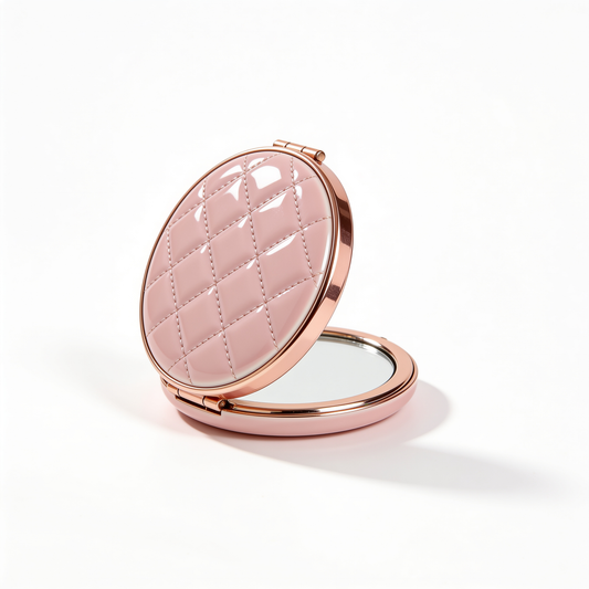 Round Compact Mirror in Blush Pink with Quilted Lid and Rose Gold Trim