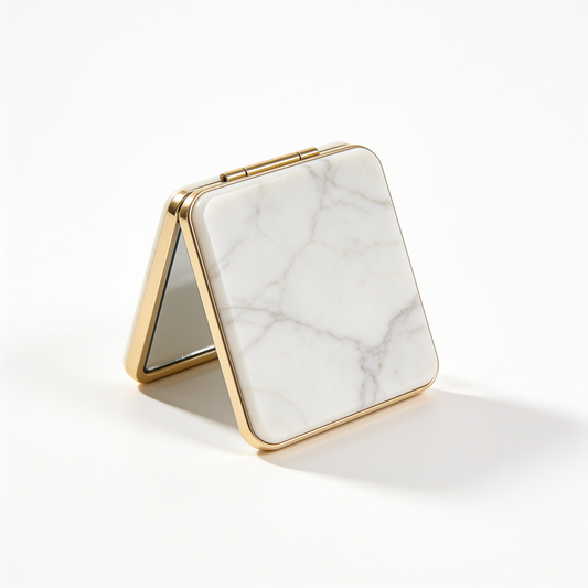 Square Compact Mirror in White Marble with Gold Frame