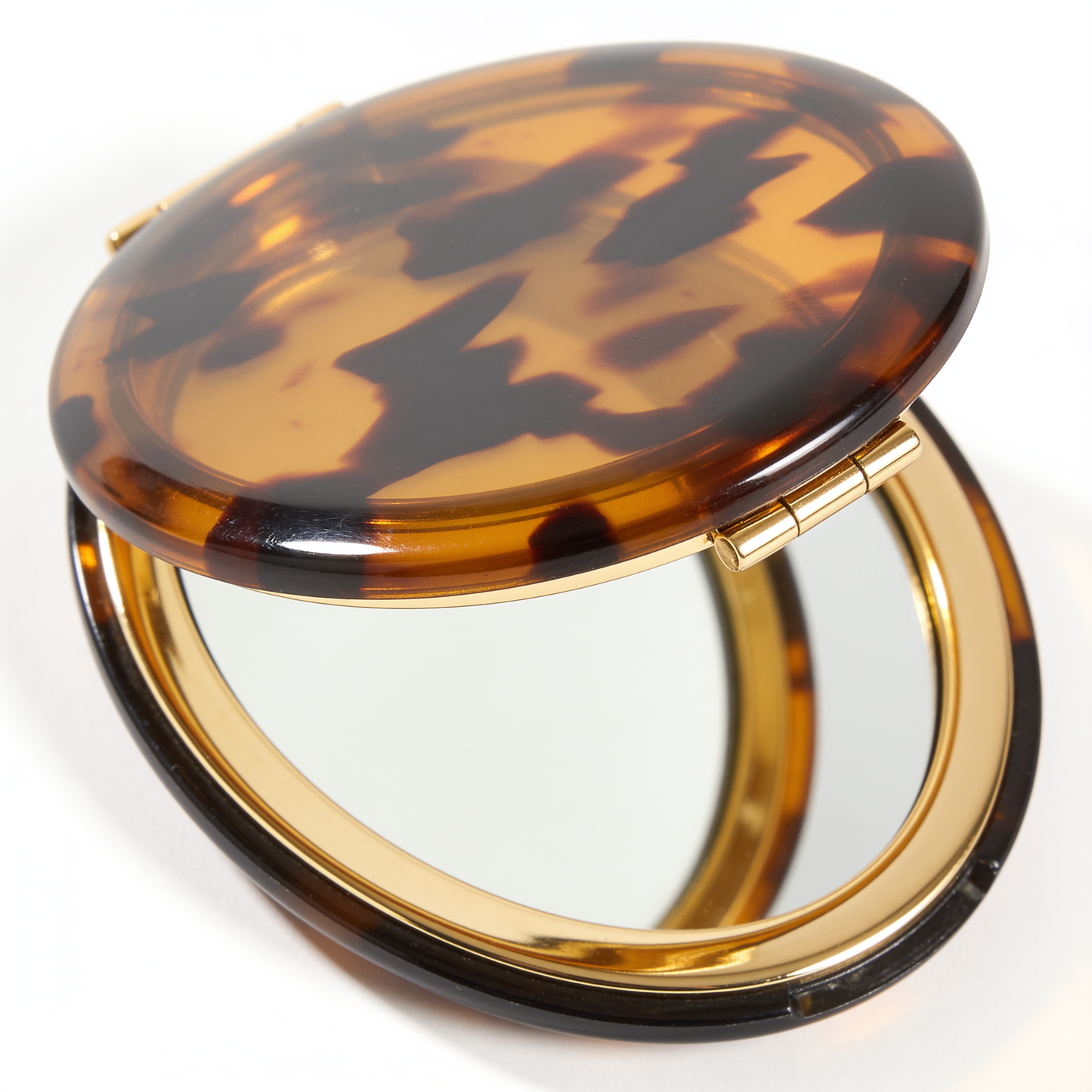 Round Compact Mirror in Tortoiseshell with Gold Rim