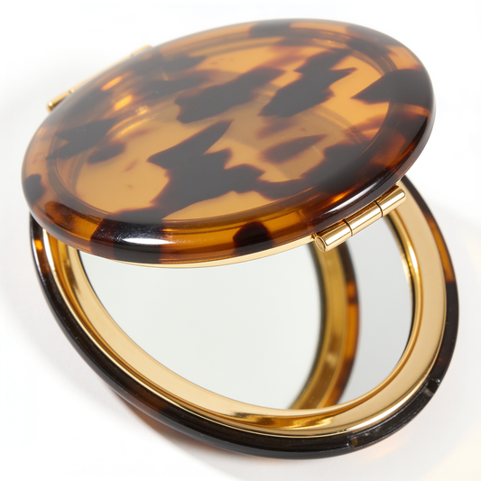 Round Compact Mirror in Tortoiseshell with Gold Rim