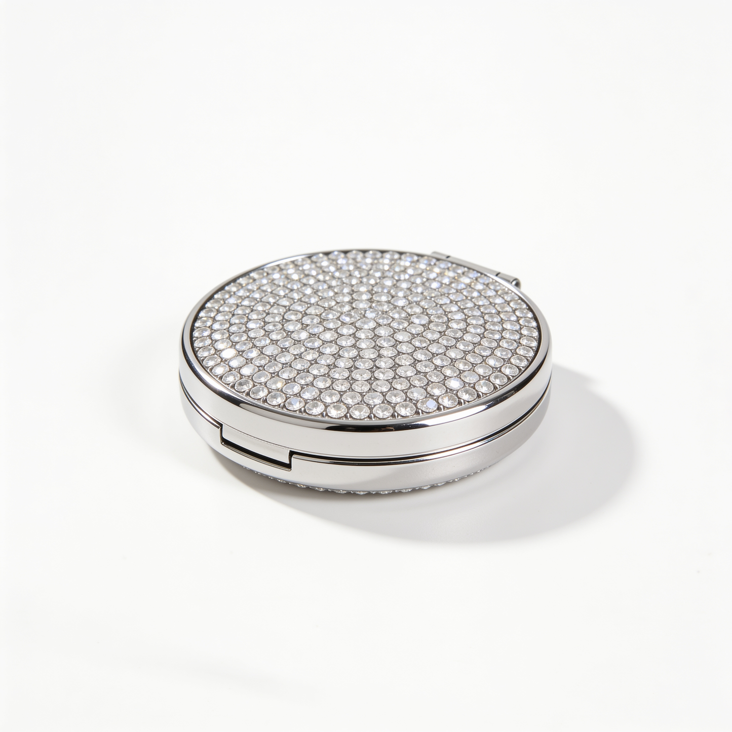 Round Compact Mirror in Silver with Crystal-Pavé Lid