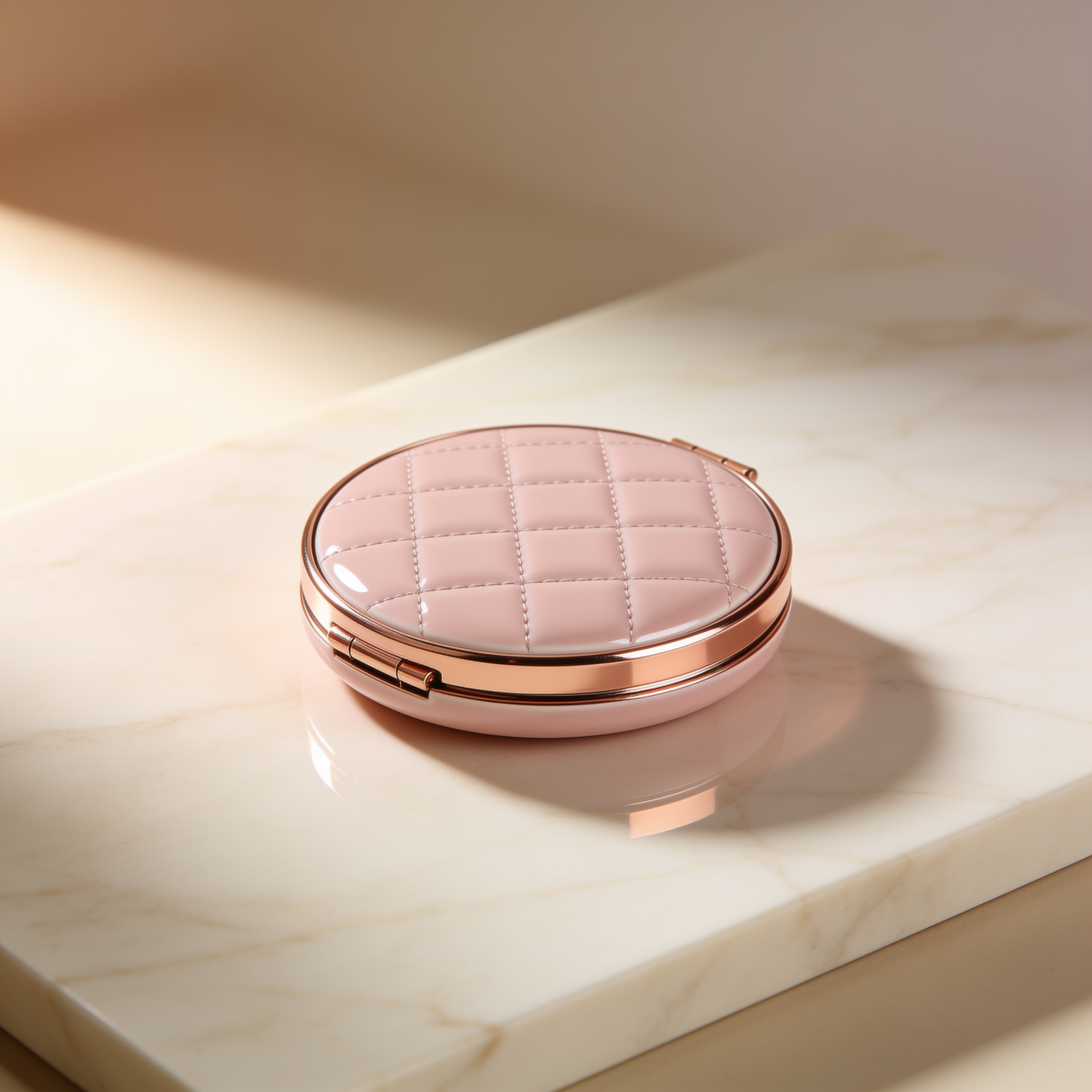 Round Compact Mirror in Blush Pink with Quilted Lid and Rose Gold Trim