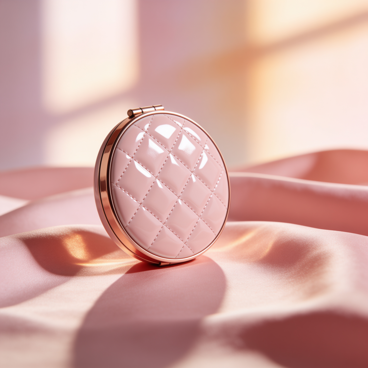 Round Compact Mirror in Blush Pink with Quilted Lid and Rose Gold Trim