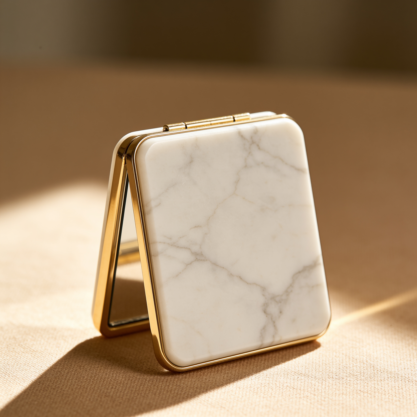 Square Compact Mirror in White Marble with Gold Frame