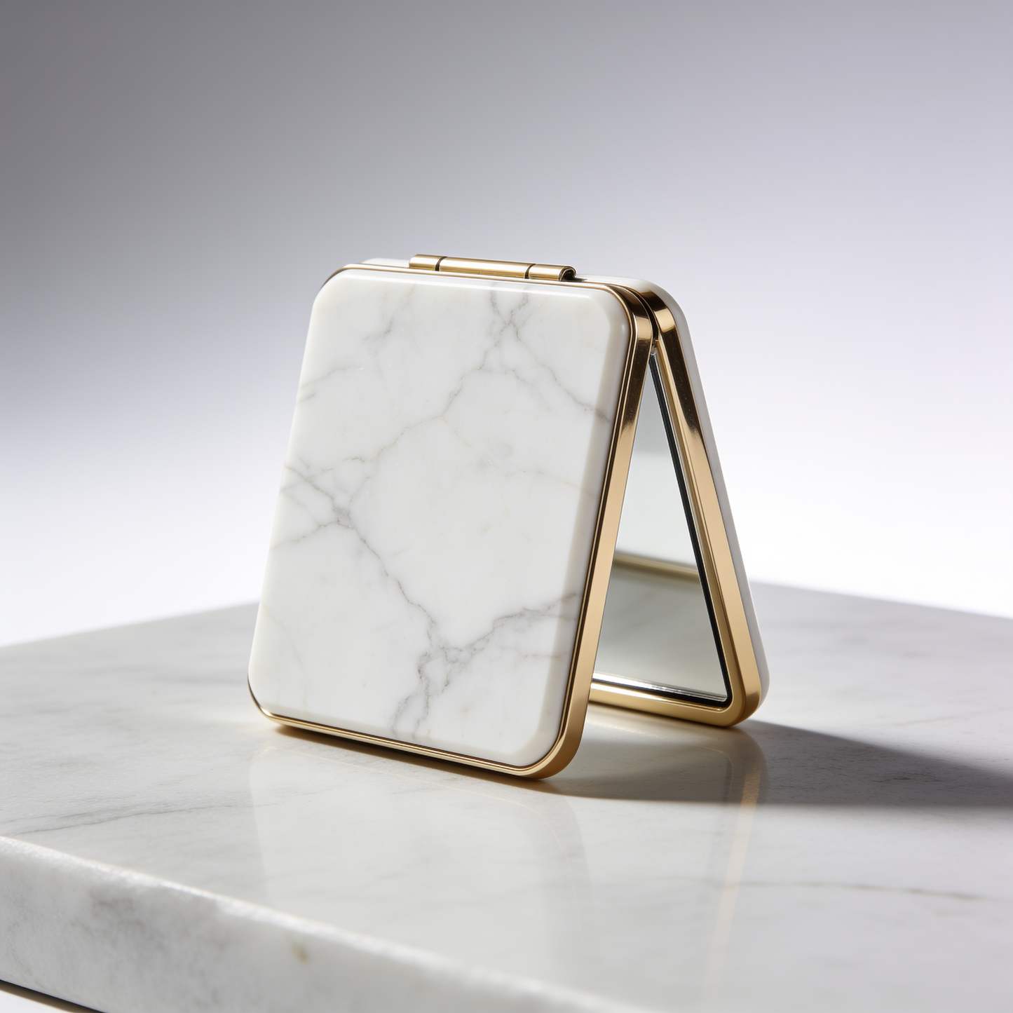 Square Compact Mirror in White Marble with Gold Frame