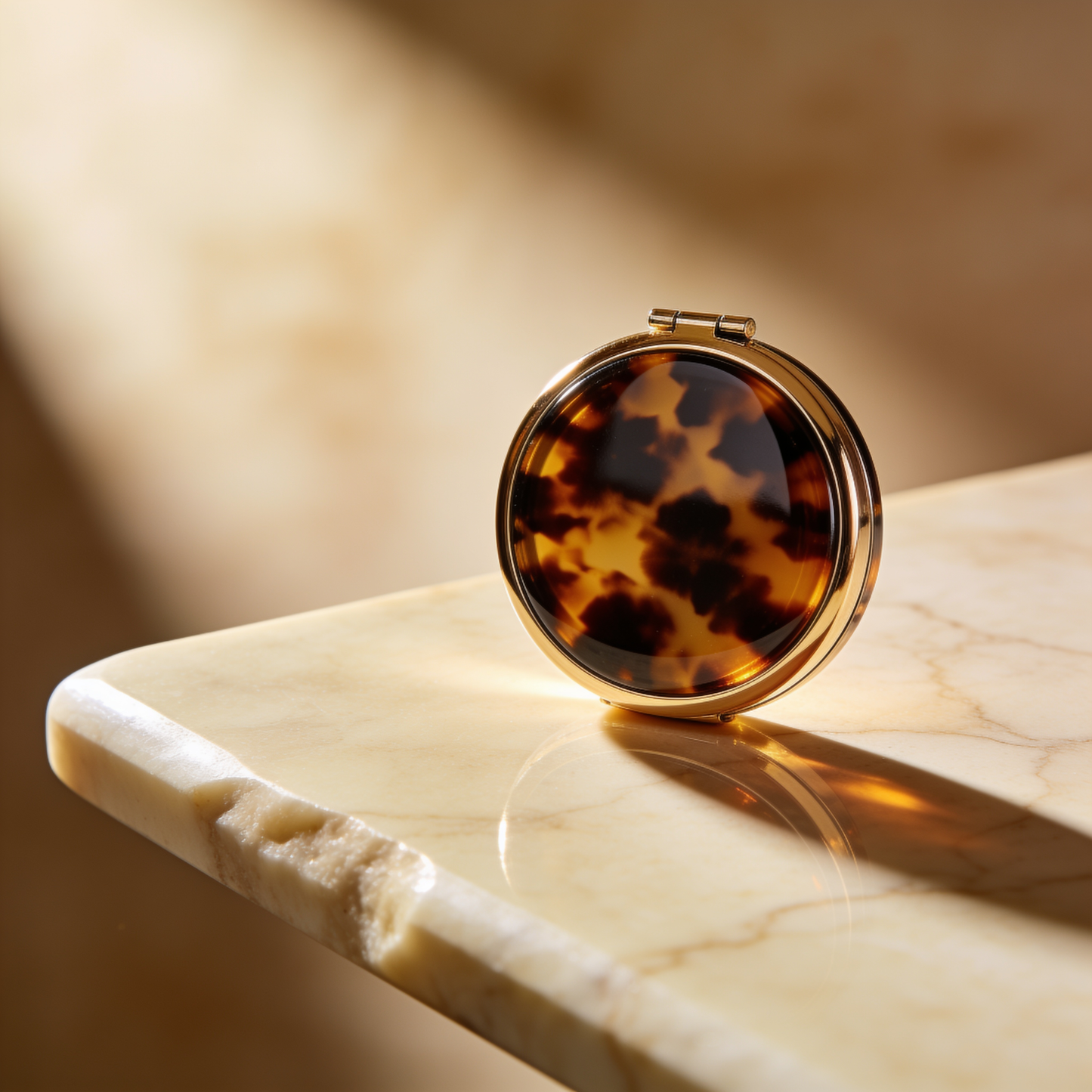 Round Compact Mirror in Tortoiseshell with Gold Rim