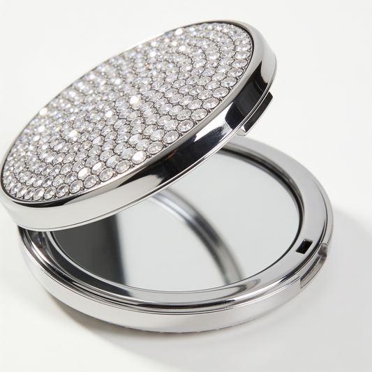Round Compact Mirror in Silver with Crystal-Pavé Lid