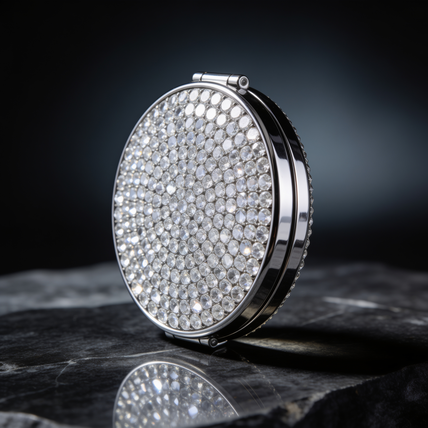 Round Compact Mirror in Silver with Crystal-Pavé Lid