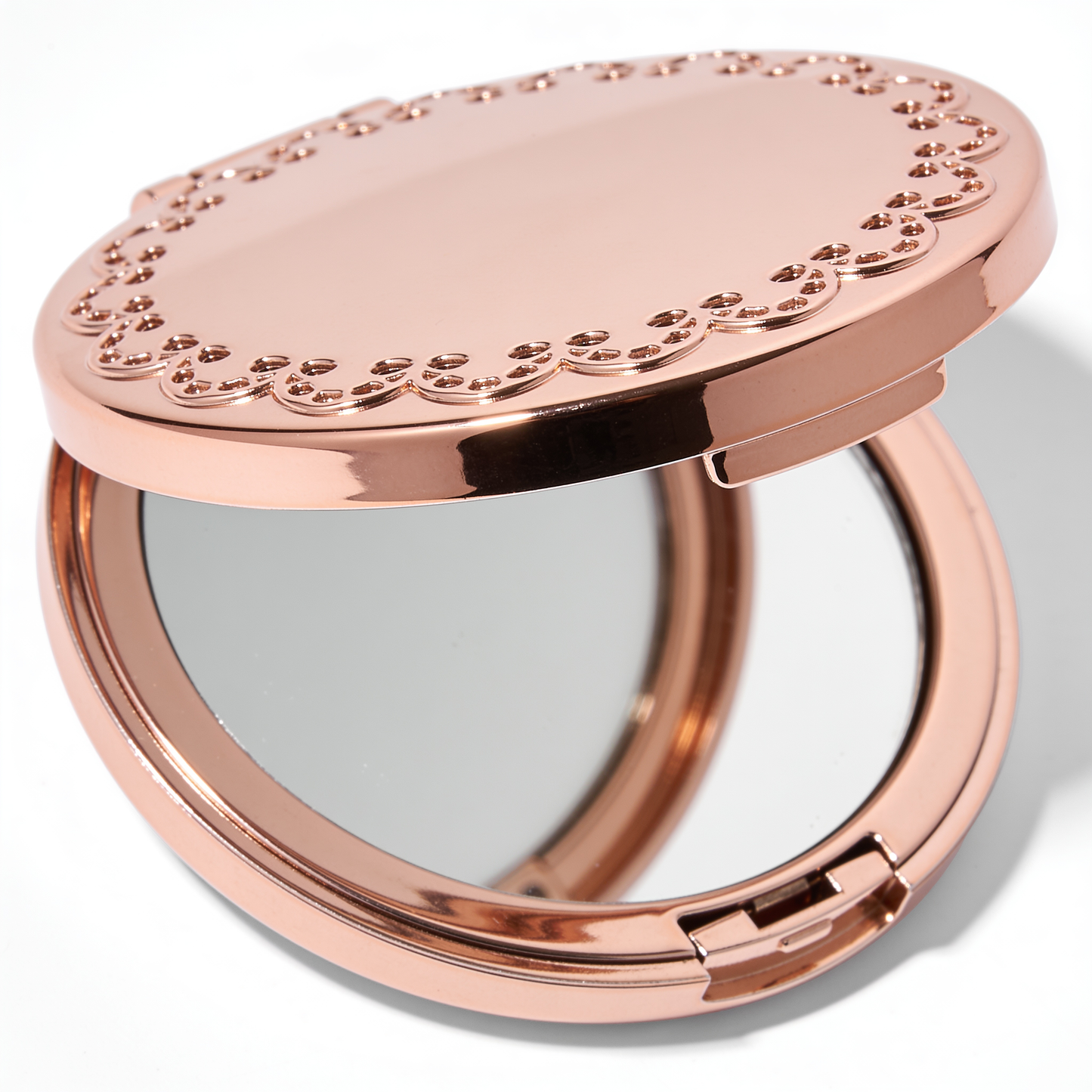Round Compact Mirror in Rose Gold with Scalloped Lace Border