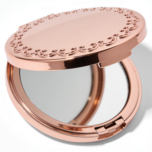 Round Compact Mirror in Rose Gold with Scalloped Lace Border