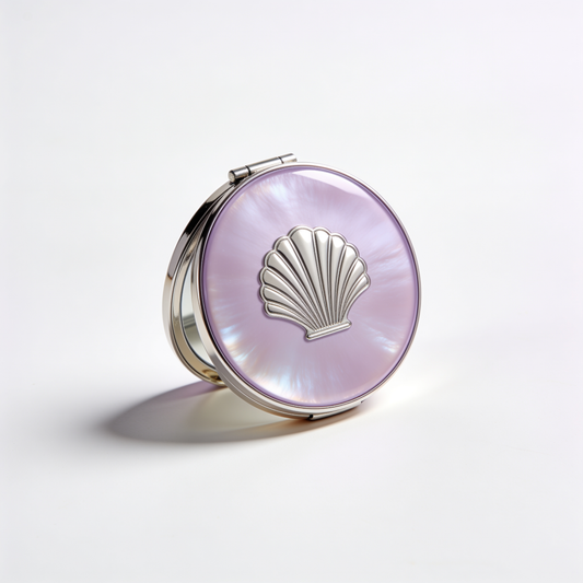 Round Compact Mirror in Lilac Mother-of-Pearl with Silver Shell Motif