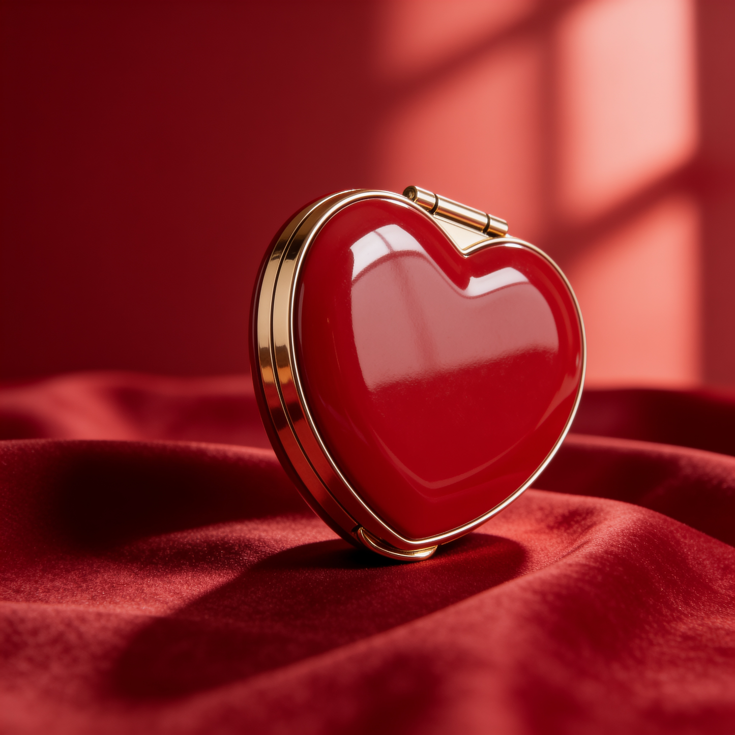Heart-Shaped Compact Mirror in Red with Gold Trim