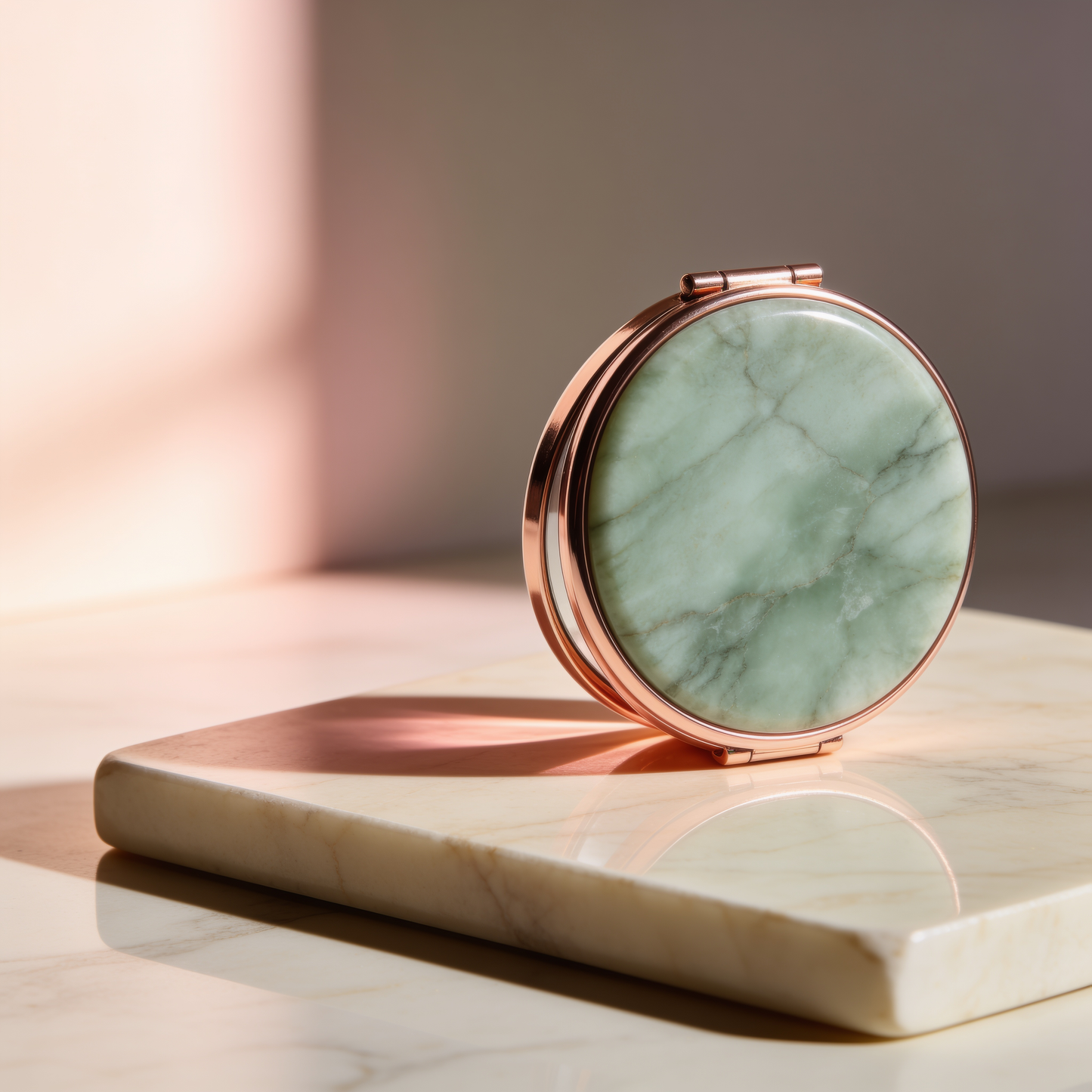 Round Compact Mirror in Green Marble with Rose Gold Rim