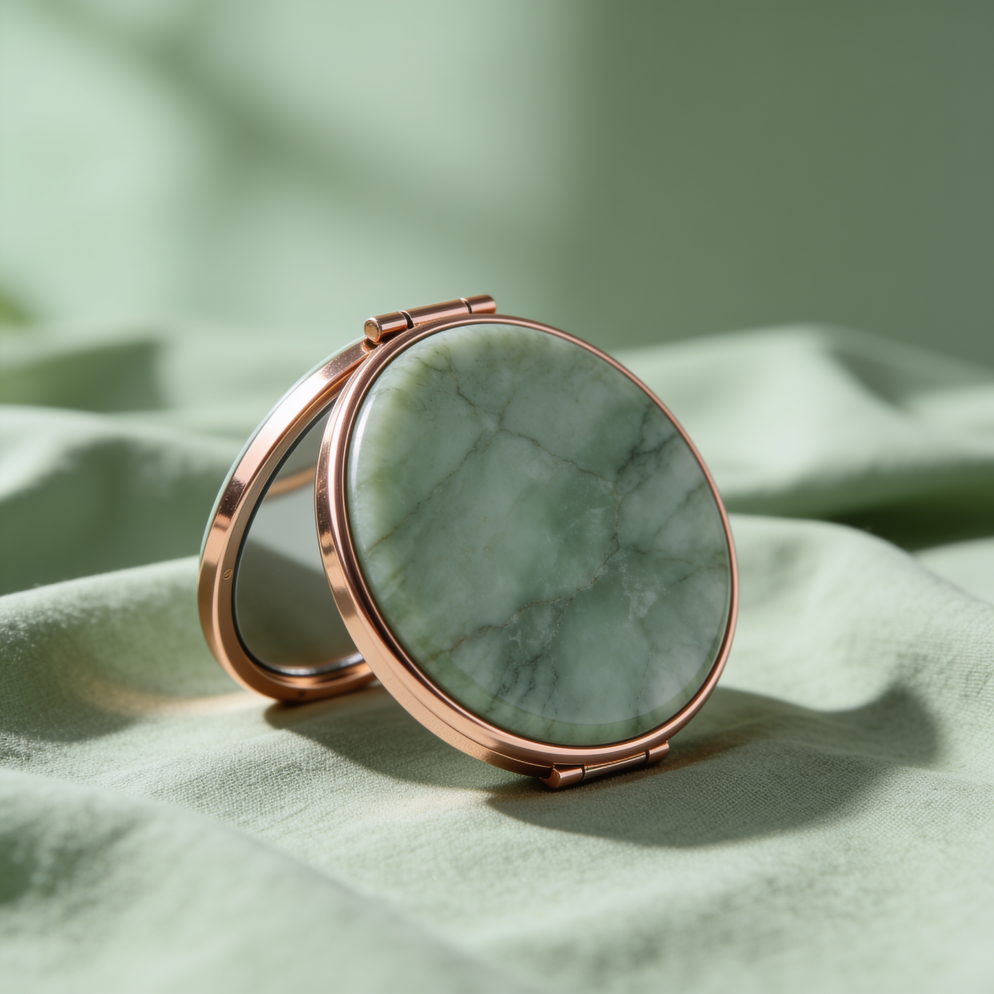 Round Compact Mirror in Green Marble with Rose Gold Rim