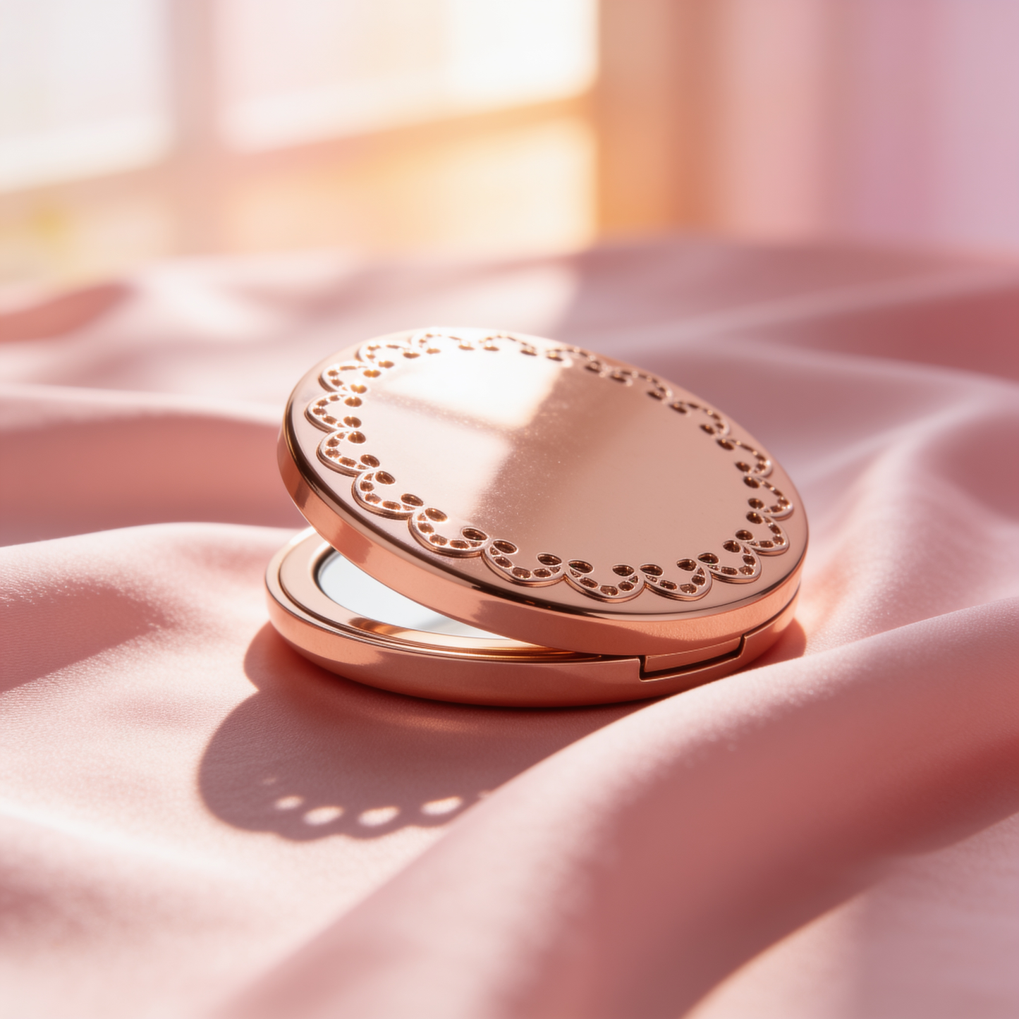 Round Compact Mirror in Rose Gold with Scalloped Lace Border