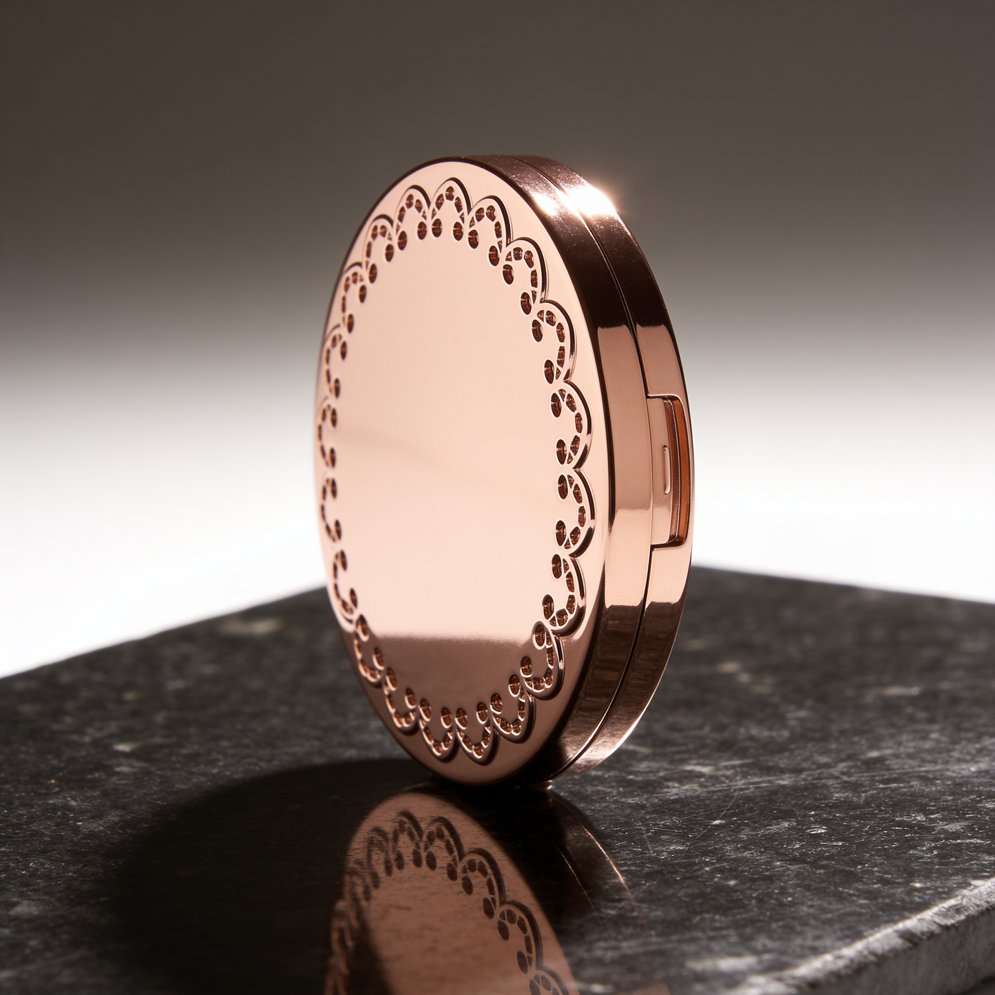 Round Compact Mirror in Rose Gold with Scalloped Lace Border