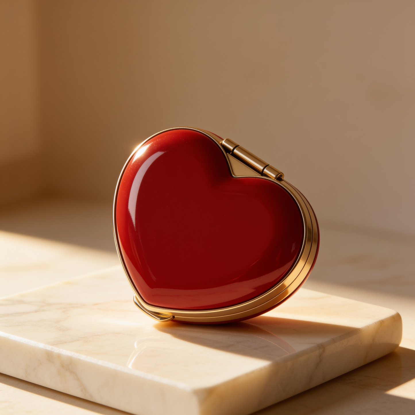 Heart-Shaped Compact Mirror in Red with Gold Trim