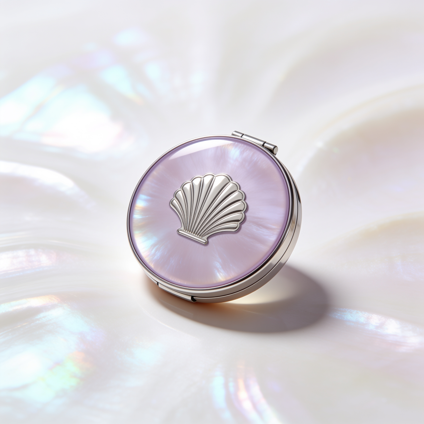 Round Compact Mirror in Lilac Mother-of-Pearl with Silver Shell Motif